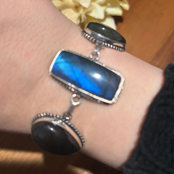 Blue Labradorite Bracelet Chunky Boho Southwest Sterling Silver 925 Overlay New - Picture 4 of 8